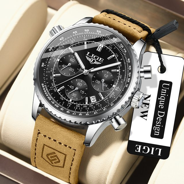 LIGE Armbanduhr Chronograph, Quarz, Leder, Schwarz, Herren - Bild 1