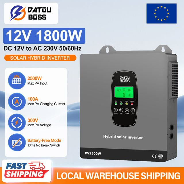 DATOUBOSS Solar-Hybrid-Wechselrichter 1800W 12V-230V mit integriertem MPPT, batterielos, Farbe: Grau - Bild 1