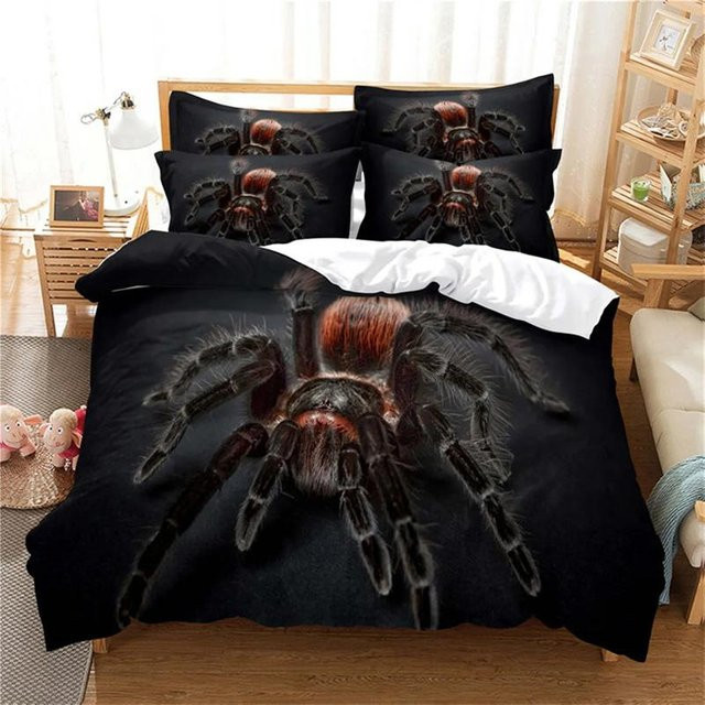 Tarantula Print Bettwäsche Set mit 3D Spinnen-Motiv in Schwarz, Braun und Weiß, Mikrofaser Bettbezug und Kissenbezüge, B/H: 173 x 218 cm - Bild 1