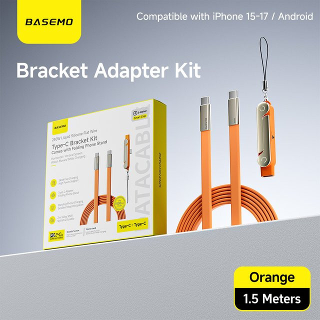 EOENKK 2-in-1 Schnellladekabel Typ-C zu Typ-C mit 240W und faltbarer Halterung für Telefon und Tablet, Schwarz/Orange - Bild 1