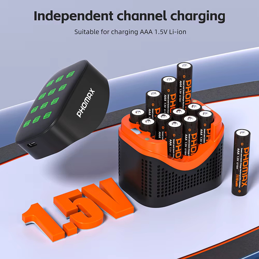 PHOMAX 12-Slot LCD Schnellladegerät mit wiederaufladbaren AA 4200mWh und AAA 1110mWh Lithium-Batterien in Schwarz - Bild 4