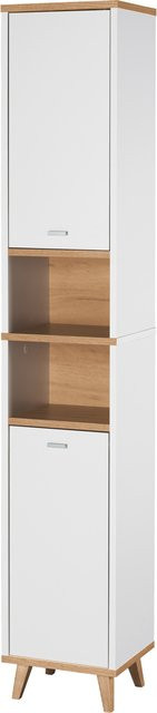 LIVARNO Bad-Hochschrank Corfu modern in Weiß und Eiche matt mit offenen Regalfächern und Schranktüren - Bild 1