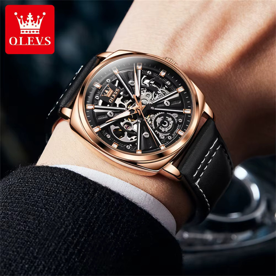 OLEVS Armbanduhr Automatik, Skelett, Schwarz, Leder, Herren - Bild 4