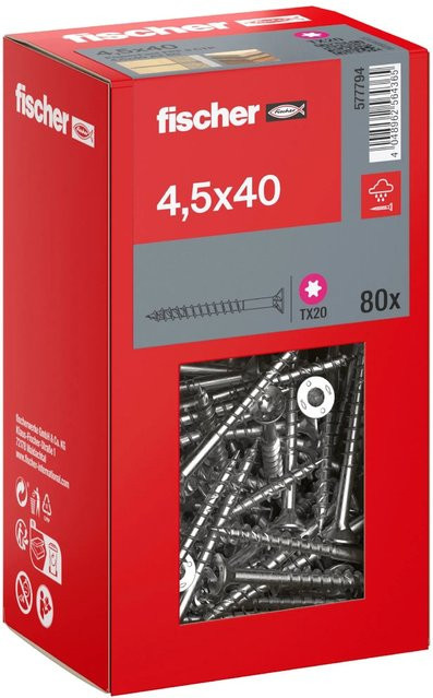 Fischer PowerFast II A2 Senkkopf Torx Teilgewinde Schraube aus Edelstahl in Silber, Durchmesser: 4,5 mm, Länge: 40 mm, 80 Stück - Bild 1