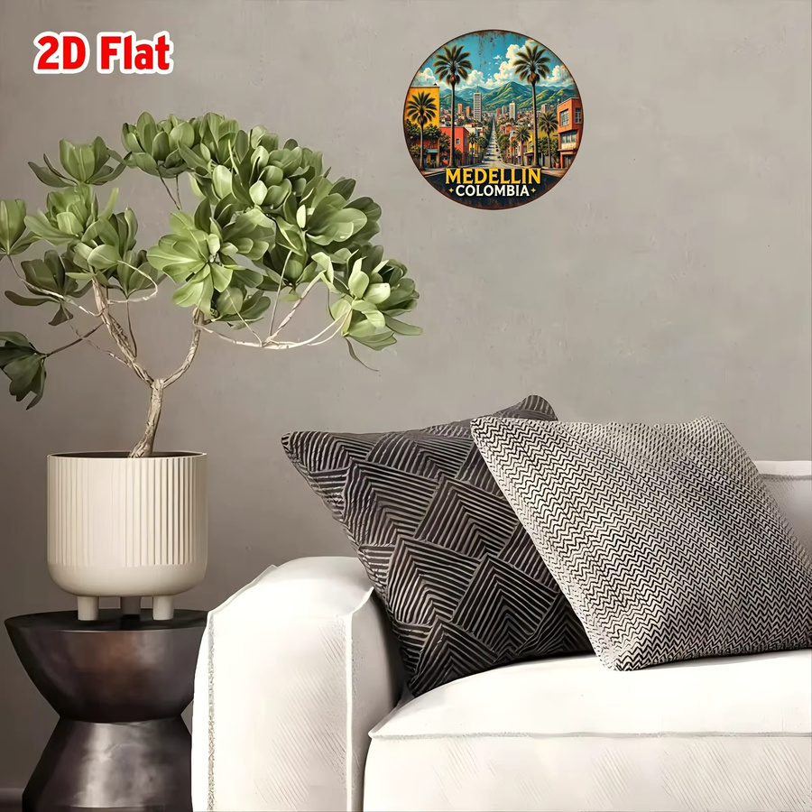 Potdemiel Vintage Wandkunst Medellin Kolumbien Rundes Aluminiumschild Bunt mit Stadtbild Palmen und Bergen Durchmesser: 20 cm - Bild 4