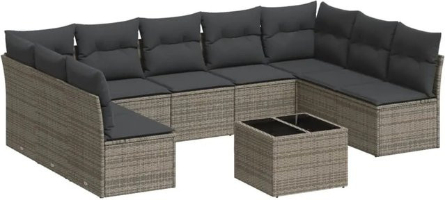 vidaXL 10-teilige Garten-Sofagarnitur in Grau aus Poly-Rattan mit Kissen und Gartentisch - Bild 1