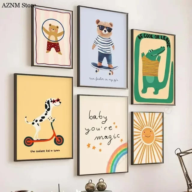 Potdemiel Wandkunst Poster mit Tieren und floralen Motiven im Nordic-Stil für das Kinderzimmer, Mehrfarbig - Bild 1
