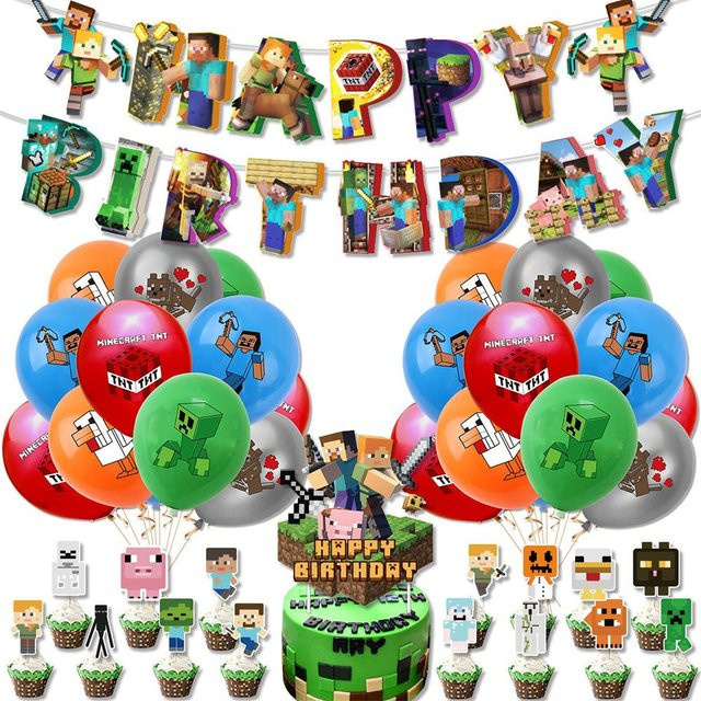 Skyfree Geburtstagsparty Zubehör Set im Pixel Thema mit Cake Topper, Banner und Luftballons in Mehrfarbig - Bild 1