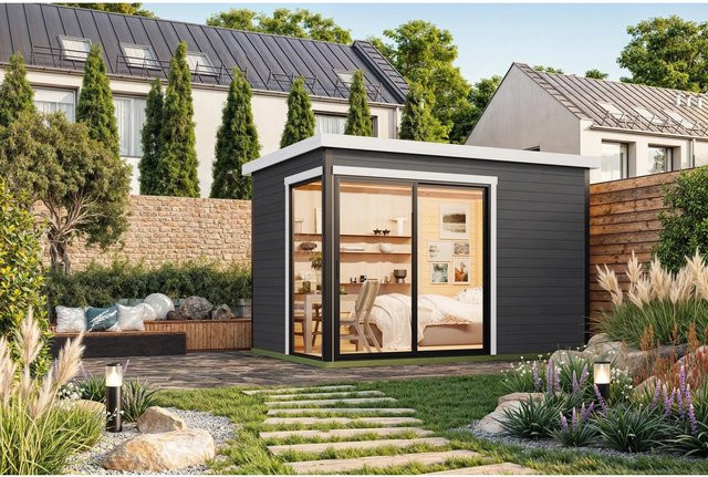 Lasita Blockbohlenhaus Austin Gartenhaus mit Flachdach in Carbongrau lasiert, B/H/T: 360 x 239,4 x 240 cm - Bild 1