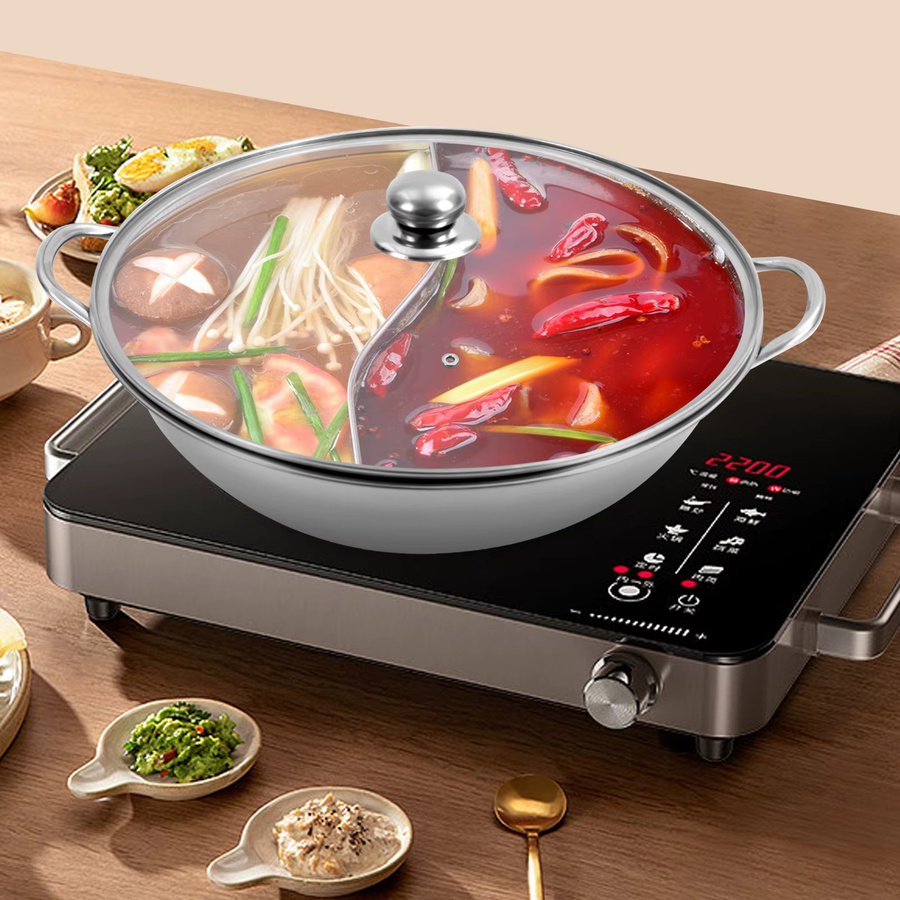 Bymaocar Hot Pot mit Trennwand aus 304 Edelstahl und Glasdeckel in Silber, Kochtopf-Set für Induktion, Gas und Backofen - Bild 4