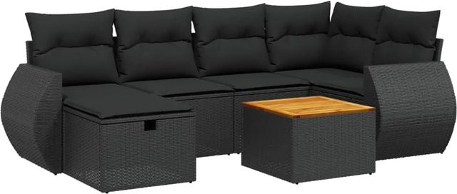 vidaXL 7-teilige Garten-Sofagarnitur in L-Form aus schwarzem Poly-Rattan mit Kissen und pulverbeschichtetem Stahlgestell - Bild 1