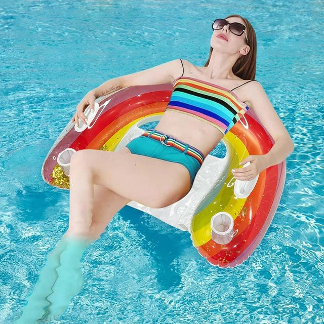 Kidsly Schwimmliegestuhl, aufblasbar, Regenbogen, Pailletten, ab 14 Jahren - Bild 1