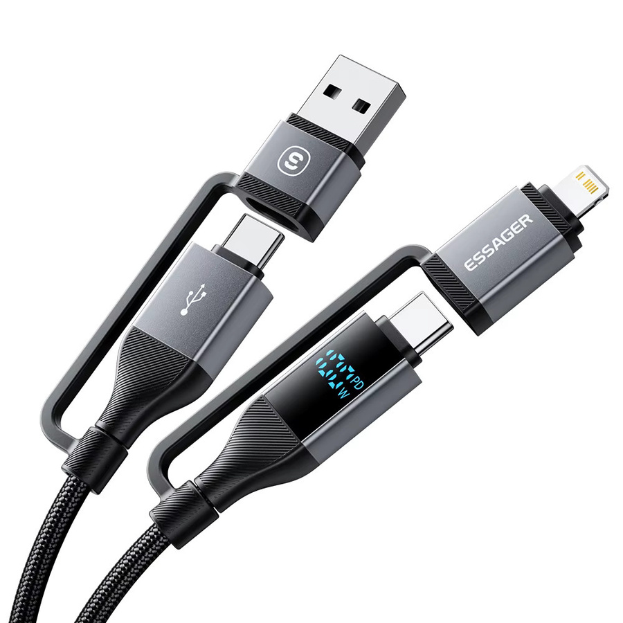 Essager 4 in 1 USB-C-Kabel mit digitalem Display, 100 W Schnellladefunktion und Beleuchtung für iPhone, Huawei, Xiaomi, MacBook und iPad, Farbe: Schwarz oder Grau - Bild 7