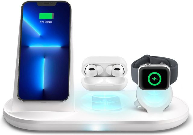 SBS Kabelloses QI-Ladegerät mit Halterung für Smartphones, Ohrhörer und Apple Watch in Weiß mit USB-C Anschluss - Bild 1