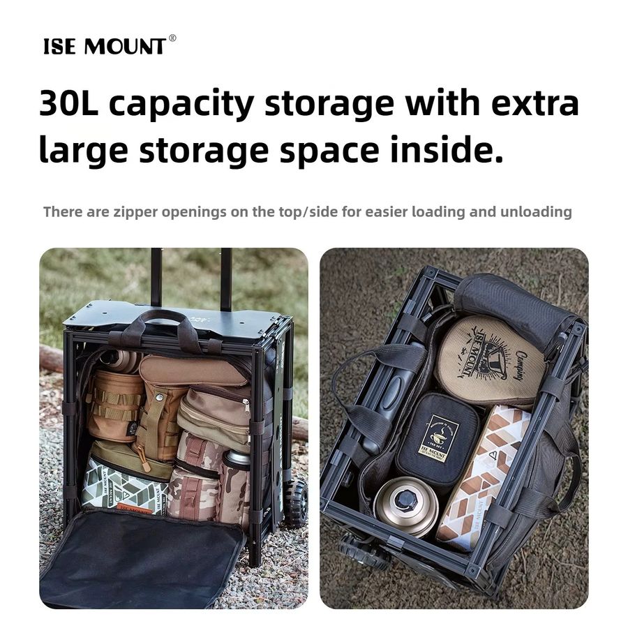 ISE MOUNT Camping-Klapptisch aus Aluminium mit Trolley-Rädern und Tragetasche, Schwarz - Bild 3
