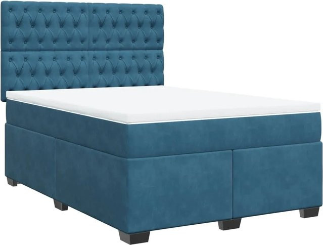 vidaXL Boxspringbett mit Matratze in Blau und Weiß, Hybrid-Design mit Taschenfederkern und Samtbezug, B/T: 140 x 200 cm - Bild 1