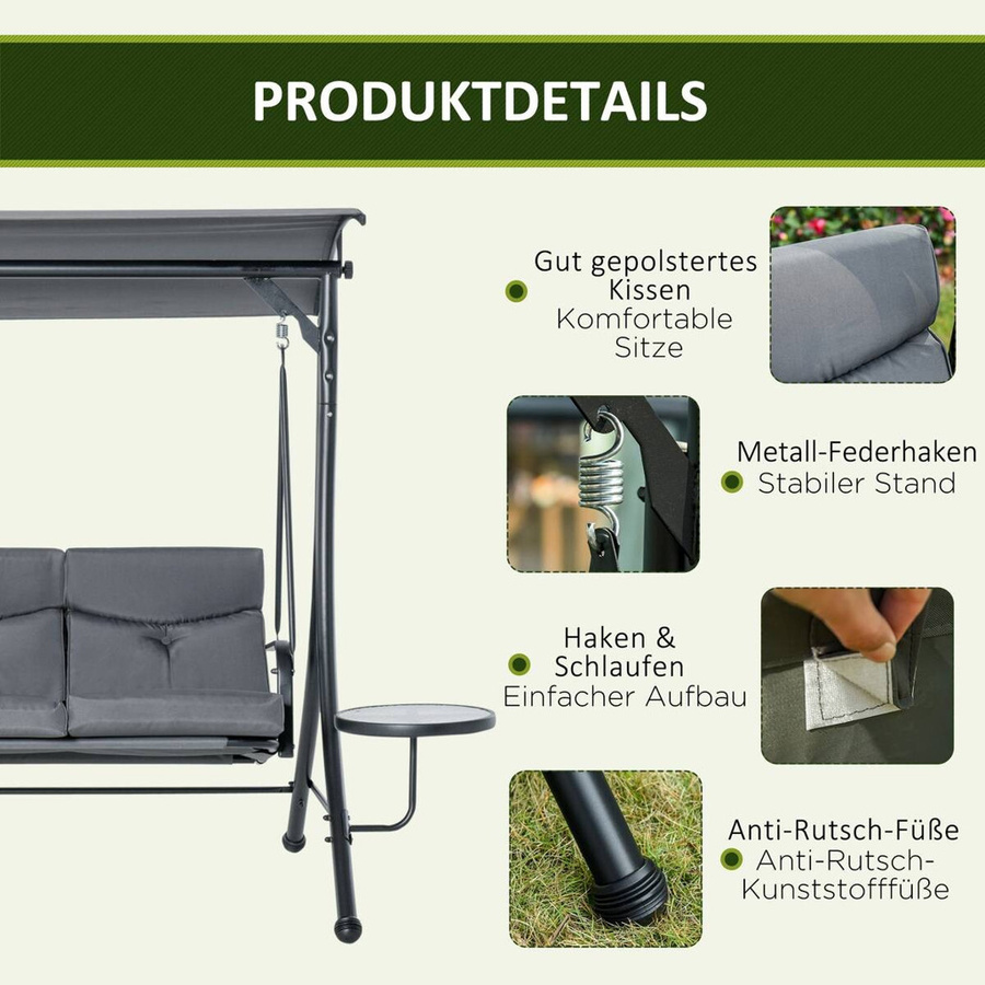 Outsunny 3-Sitzer Hollywoodschaukel mit Sonnendach und Auflagen, Grau/Schwarz, B/T/H: 125 x 300 x 172 cm - Bild 2