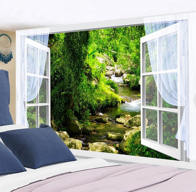 Wandteppich Super Six Fensterlandschaftsmalerei mit Wald und Wasserfall im Boho-Stil, Farbe: Schwarz/Mehrfarbig, Breite: 95 cm, Höhe: 70 cm - Bild 1