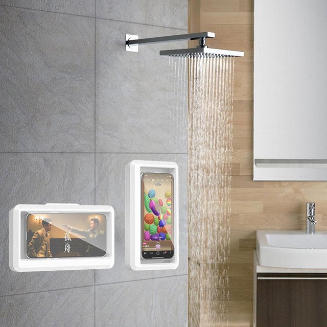 Fomscvka Wasserdichter Badezimmer-Handyhalter zur Wandmontage, Verstellbare Dusch-Handyhülle mit Selbstklebender Wandhalterung in Weiß - Bild 1