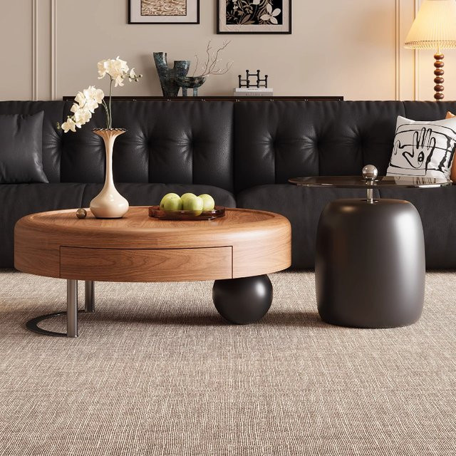 Moderner runder Couchtisch von DUTRIEUX in Braun mit integrierten Schubladen im japanischen Stil - Bild 1