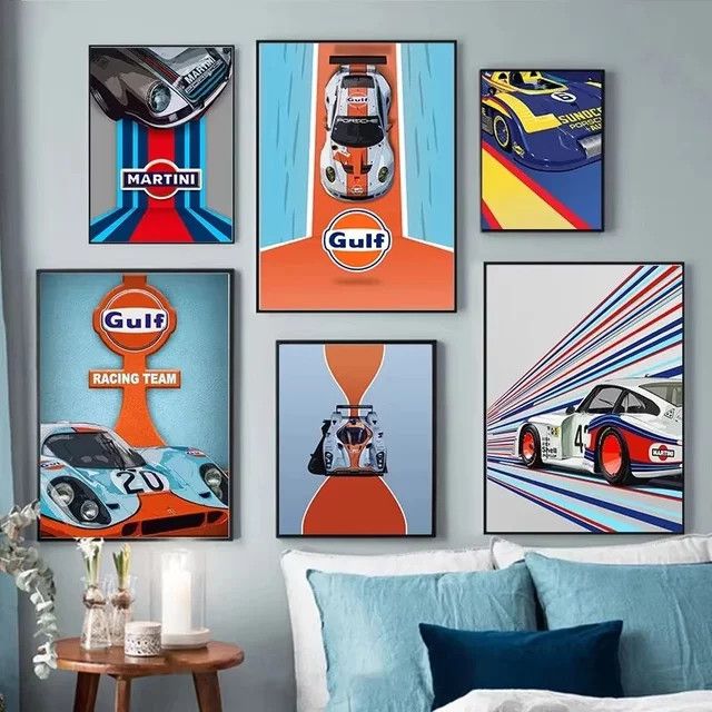Vintage Motorsport-Auto-Poster Gulf Racing Team in Blau als Leinwand-Wanddekoration - Bild 1