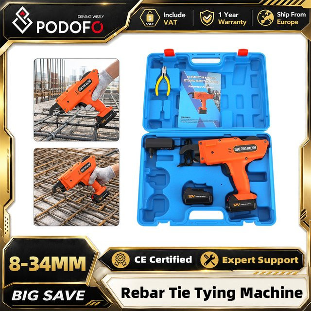 Podofo Automatische Bewehrungsbindemaschine 8mm-34mm, Elektrische kabellose Handgeführte Bewehrungsbindemaschine in Orange mit 2 Akkus und EU-Ladegerät - Bild 1