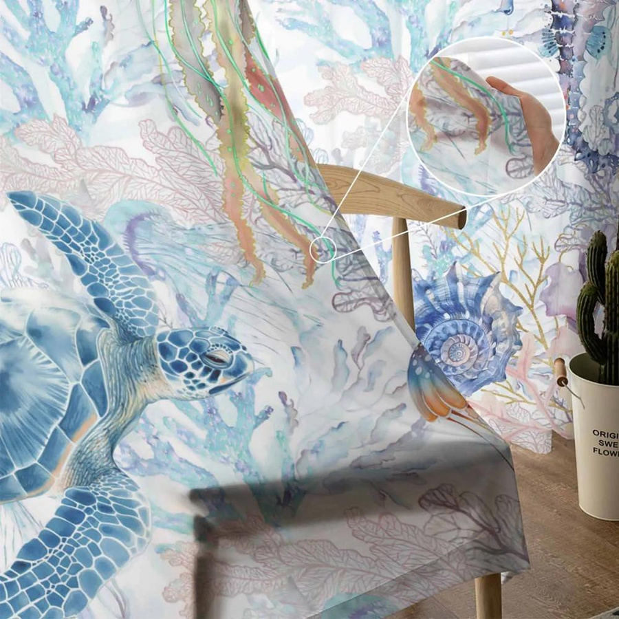 Yiran Furniture Tüll-Voile-Vorhang mit Meeresorganismen Design, transparent, mehrfarbig, B: 135 cm, H: 115 cm - Bild 2