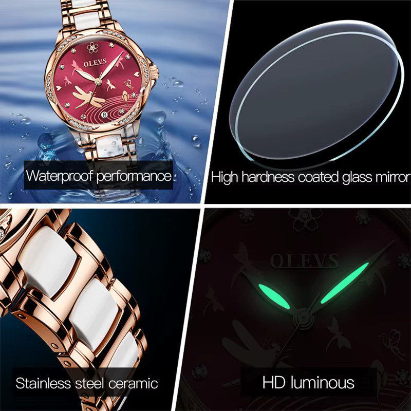 OLEVS Armbanduhr Automatik, Edelstahl, Diamantbesetzt, Damen, wine red - Bild 6