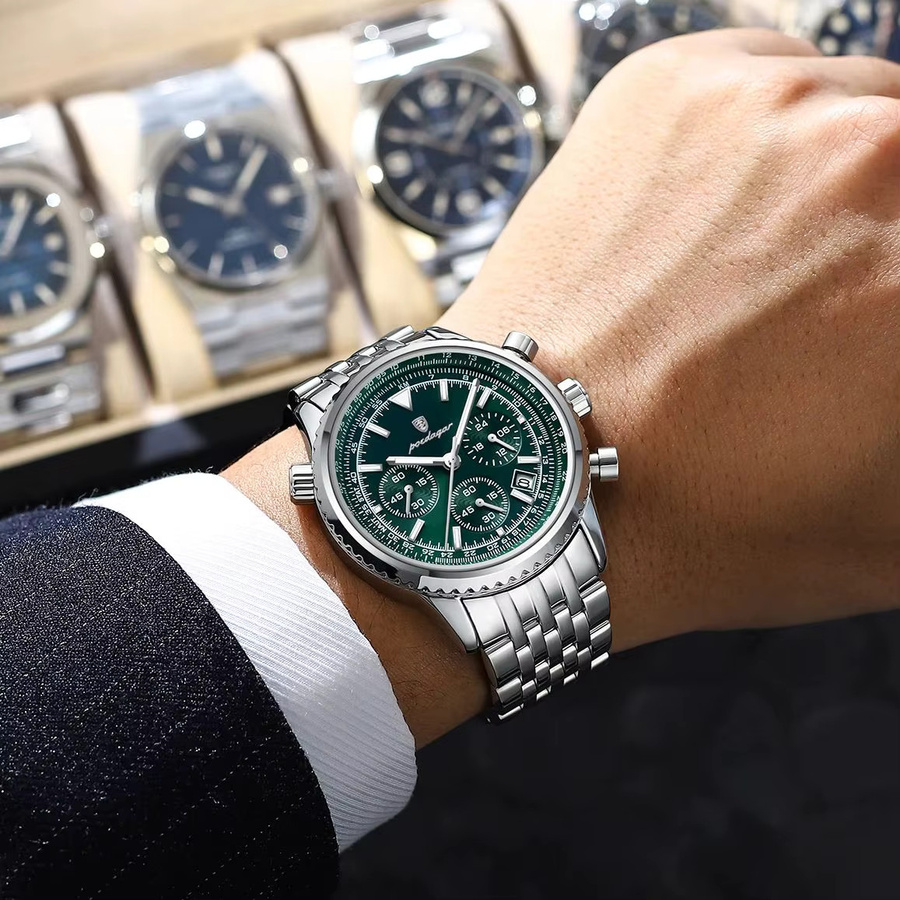 POEDAGAR Chronograph Armbanduhr, Quarz, Edelstahl, Grün, Herren - Bild 6
