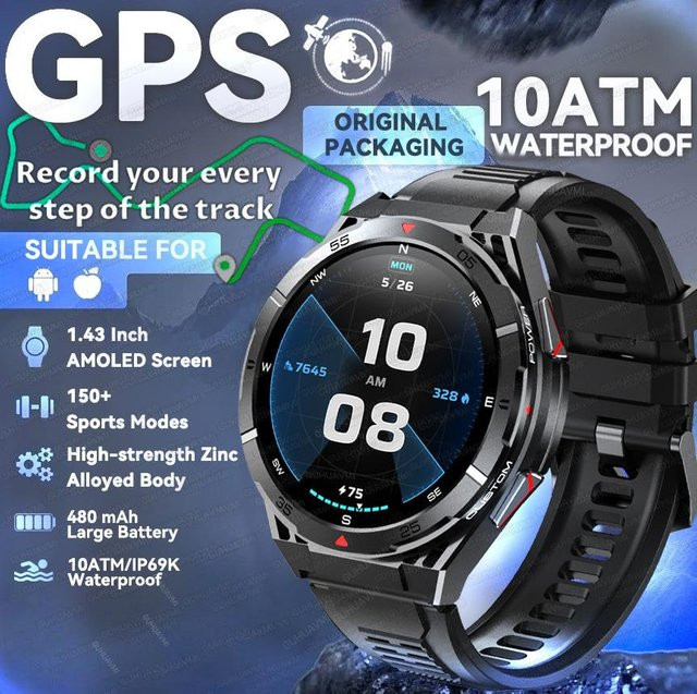 Apex Smart Watch GPS Sport Smartwatch für Herren mit 1,43 Zoll HD AMOLED Bildschirm, Kompass, Bluetooth Anruffunktion und Herzfrequenzmessung, wasserdicht, Farbe: Schwarz - Bild 1