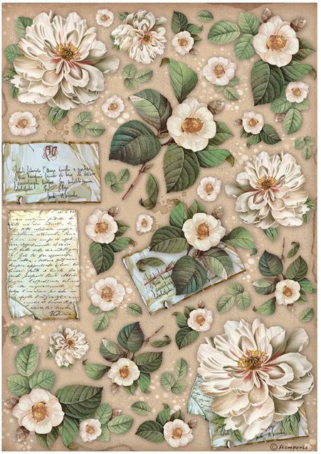 Stamperia Motiv-Strohseide Vintage Library Flowers in Beige und Multicolour, Format A4 - Bild 1