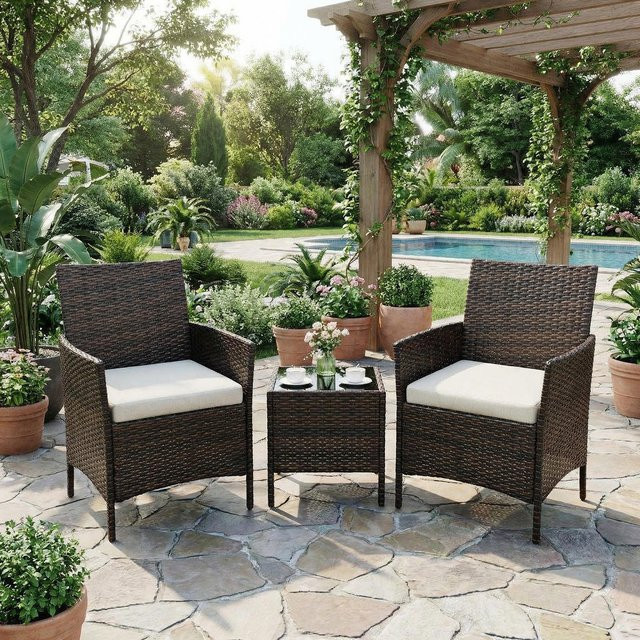 3-teiliges HiMISS Outdoor-Bistro-Set aus Polyrattan mit Glas-Couchtisch und gepolsterten Kissen in Schwarz und Beige - Bild 1