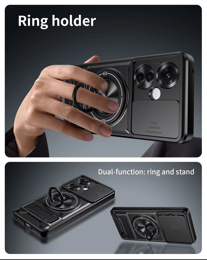 Armor stoßfeste Handyhülle für Oppo Reno11 F 5G mit verschiebbarer Kamerakappe, integriertem Magnetring und Ständer in Schwarz - Bild 5