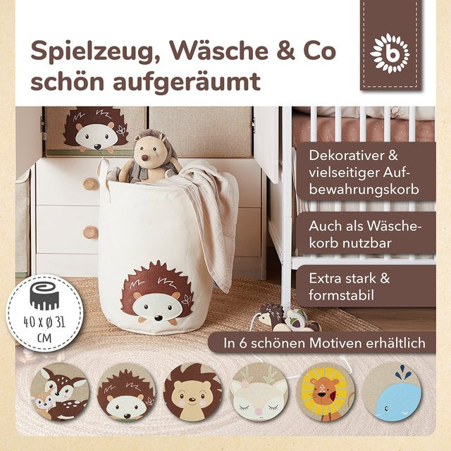 Bieco Wäschekorb und Spielzeugkorb Igel aus Baumwolle in Beige, Braun und Weiß, klappbar mit Griffen, B/T/H: 40 x 31 x 38 cm - Bild 1
