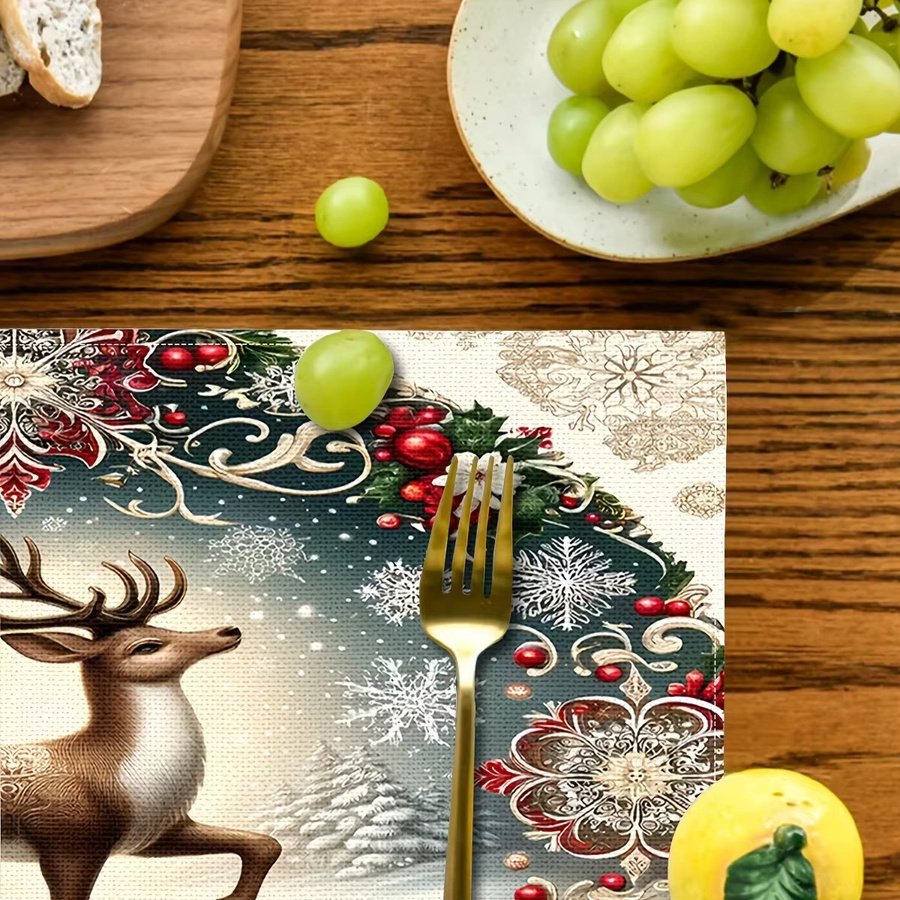 VIKAMA 4 Stück Weihnachts-Tischsets mit Rentier-Schneeflocken, wasserdicht und wärmeisolierend, Mehrfarbig, B/T: 45 x 30 cm - Bild 2