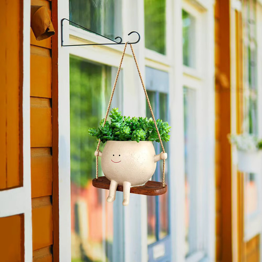 Kreativer Wand-Kopfpflanzer aus Harz mit lächelndem Gesicht in Beige für Haus, Garten und Terrasse - Bild 3