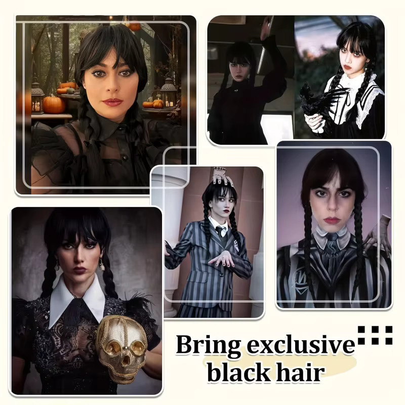 Suri Hair Mittwoch Perücke, schwarze Damenperücke mit Pony und doppelten Zöpfen, synthetische Perücke, Horrorhandschuh, Set - Bild 5
