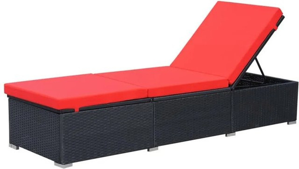 Furnicato Poly-Rattan Sonnenliege mit Auflage, verstellbar, Schwarz und Rot, B/T/H: 195 x 60 x 31 cm