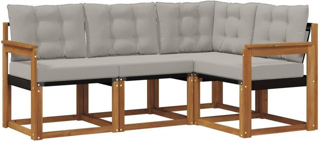 vidaXL Outdoor-Sofagarnitur 4-teilbig L-Form aus Akazienholz und Textilene in Natur und Hellgrau mit UV-beständigen Kissen - Bild 1
