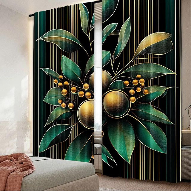 2er-Set Eukalyptusblätter Vorhang mit geometrischem Rautenornament im Art Deco Design, Grün, B/H: 130 x 210 cm - Bild 1