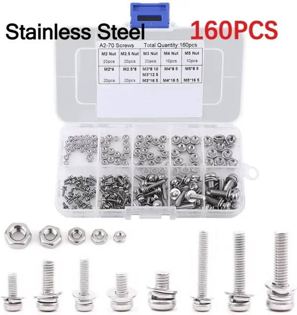160 Teile Set aus Kreuz Flachkopfschrauben und Muttern aus 304 Edelstahl in Silber für DIY-Projekte (M2 bis M5) - Bild 1
