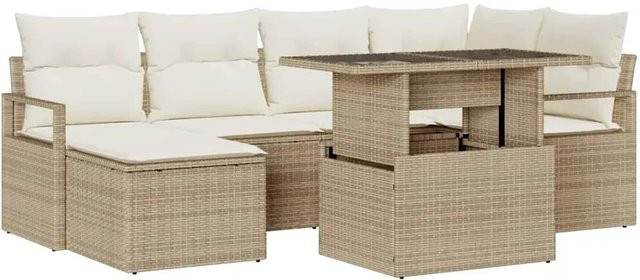 vidaXL 7-teiliges Garten-Sofa-Set aus Poly Rattan mit Kissen in Beige und Weiß - Bild 1