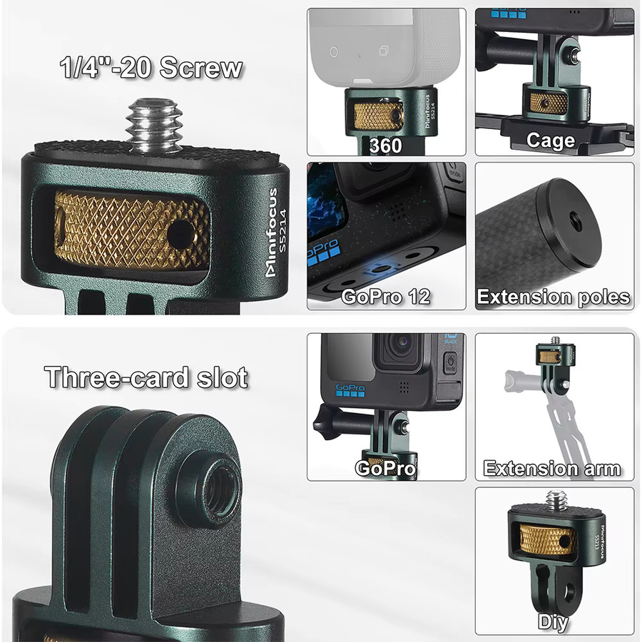 MINIFOCUS Aluminium Kamera Stativ Mount Adapter 1/4 Zoll 20 Kamera Halterung für GoPro Hero 12/11/10/9/8/7 und Insta360 X4/X3/X2/X/RS/R Action Kameras in Schwarz - Bild 6