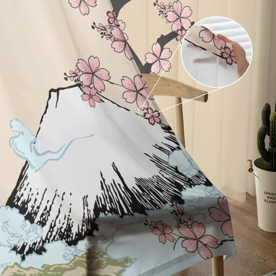 Yiran Furniture Transparenter Tüll-Vorhang mit Mount Fuji Sakura Blumenmuster in Mehrfarbig, Breite: 135 cm, Höhe: 115 cm - Bild 1