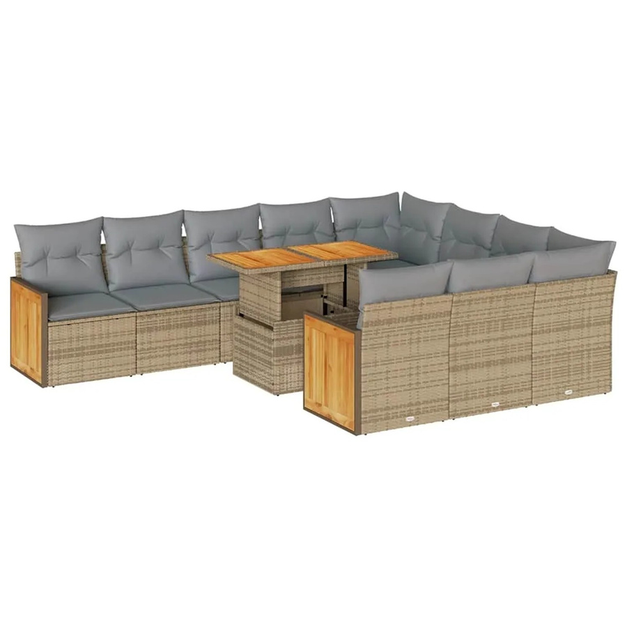 vidaXL 11-tlg. Garten-Sofagarnitur in L-Form aus Poly-Rattan und Akazienholz mit Kissen, Beige-Grau - Bild 2