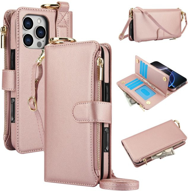 QGeeM Leder Geldbörse Hülle mit Reißverschluss und Ring Lanyard für iPhone 17 16 15 14 13 12 11 Pro Max Plus in Rose Gold - Bild 1