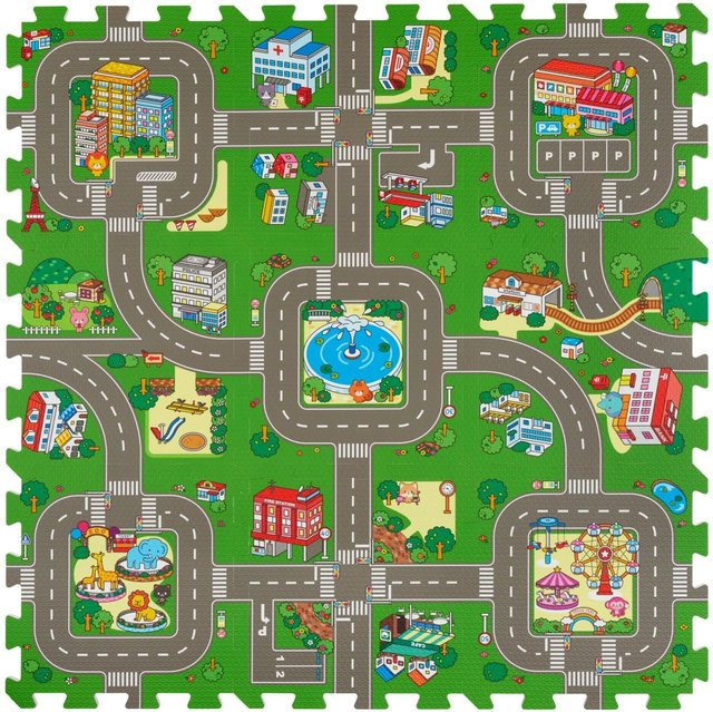 Tectake Puzzlematte Mycity aus EVA-Schaumstoff mit Stadt- und Straßenmotiv, 9-teilig, Bunt, B/T/H: 90 x 50 x 1 cm - Bild 1