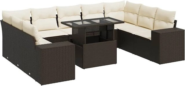 vidaXL 10-teilige Garten-Sofagarnitur aus Poly-Rattan in Braun mit cremeweißen Kissen - Bild 1
