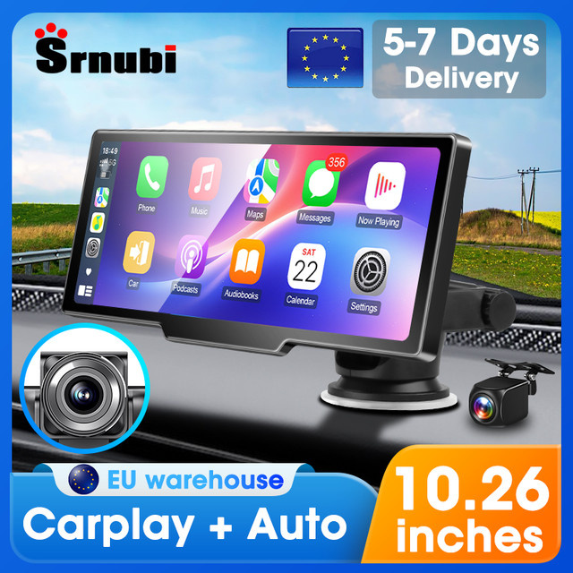 Srnubi 10,26 Zoll Carplay und Android Auto Monitor mit 4K Dashcam, Multimedia Player und Rückfahrkamera in Schwarz - Bild 1