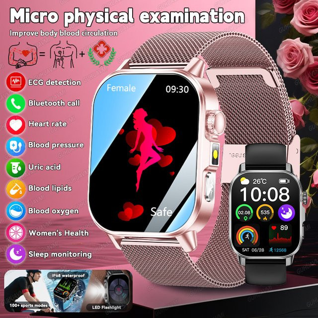 GUHUAVMI Smartwatch für Frauen in Pink mit Mikro-Physikalischer Untersuchung für Blutdruck, Harnsäure und Blutfette sowie integrierter Taschenlampe - Bild 1